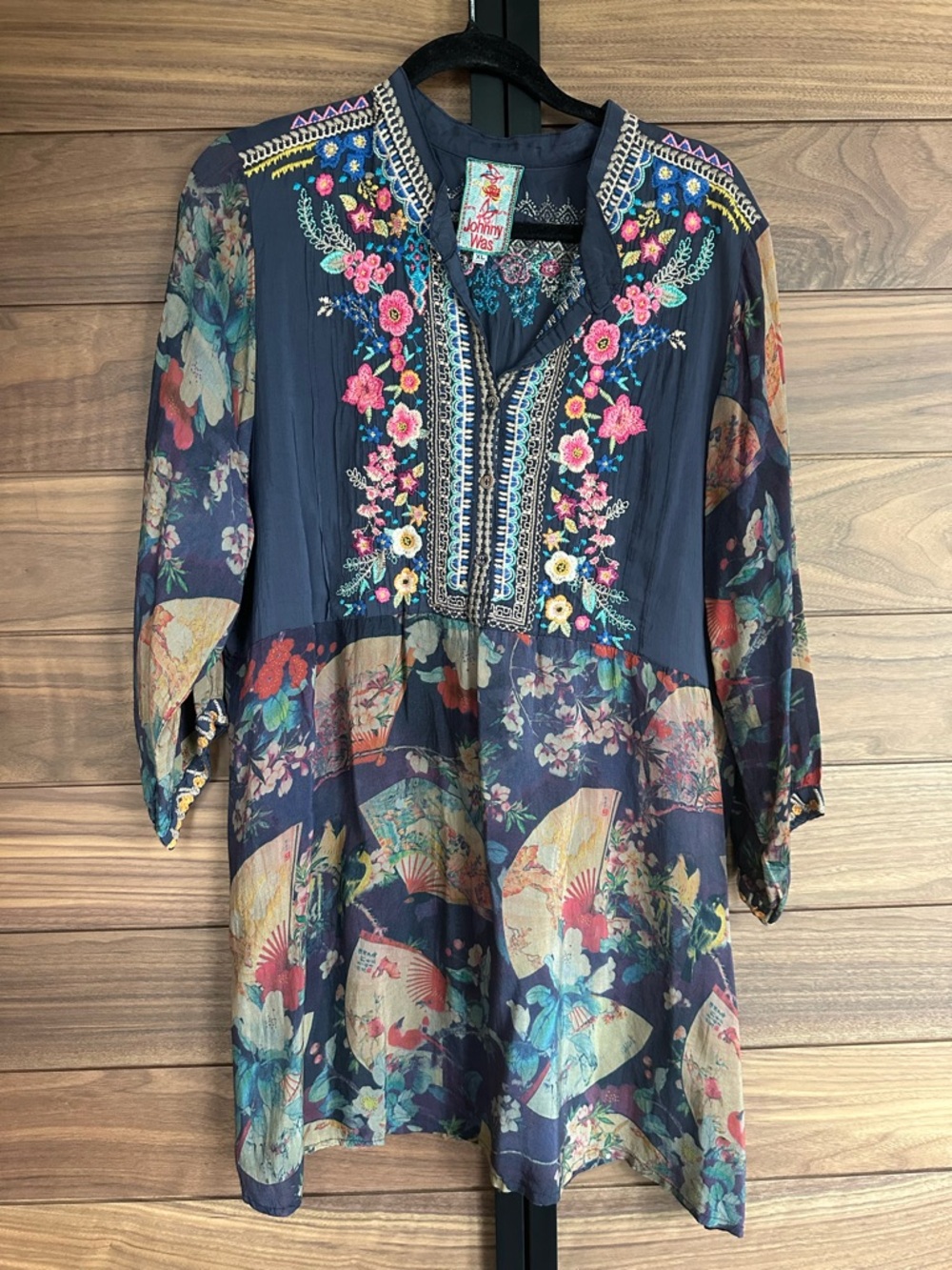 Johnny Was Navy Embroidered Floral Tunic with Teal & Pink Accents